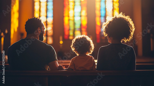 A family of three sits in a church pew