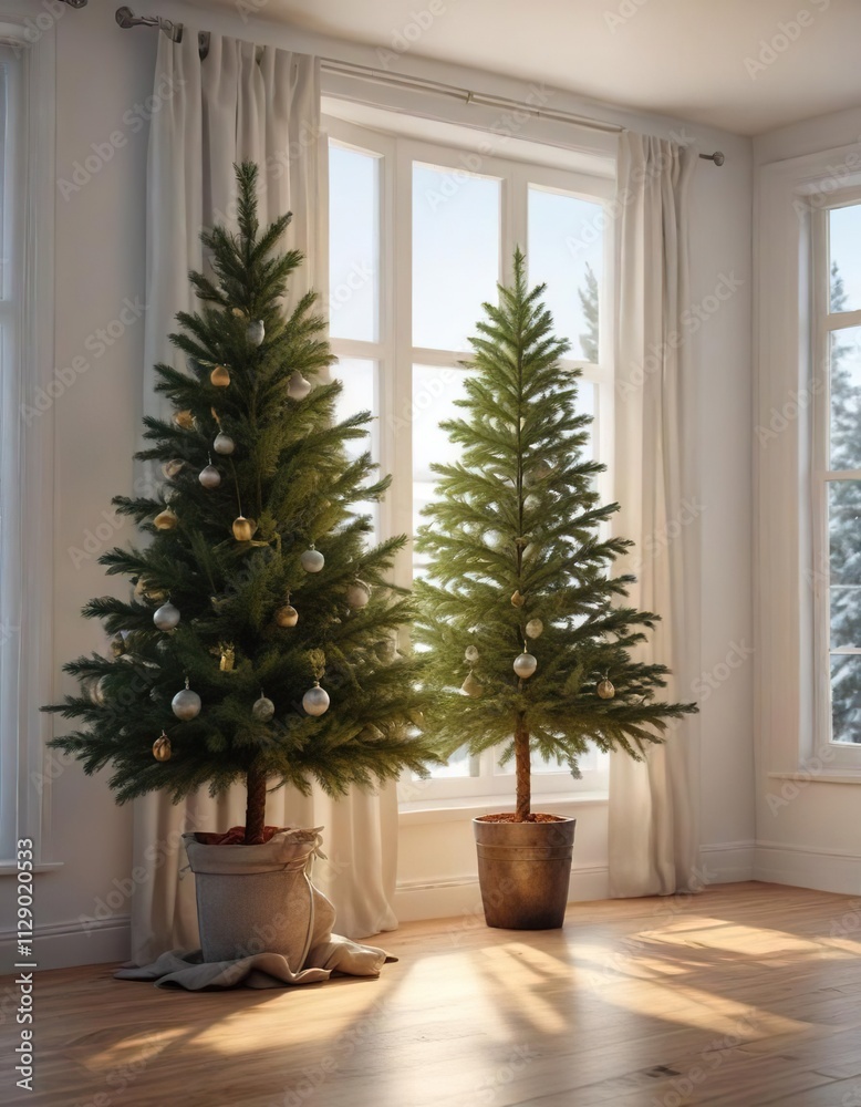 spruce Christmas tree in a bright room or near a window, happy atmosphere , sunny room spruce Christmas tree in a bright room or near a window, happy atmosphere , sunny room
