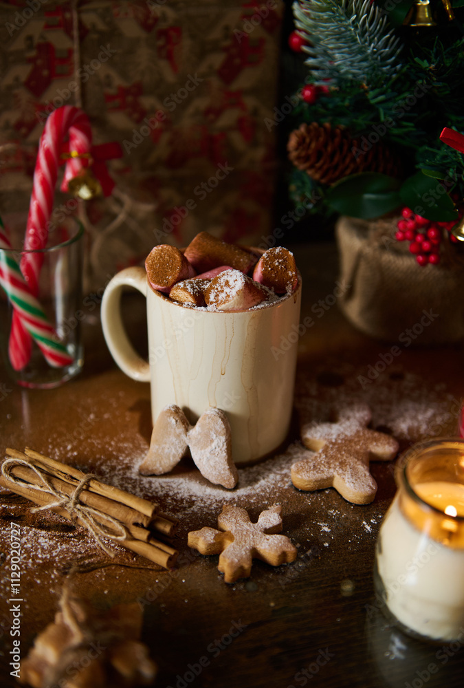 Festive setup with hot chocolate, gingerbread, and Christmas decorations