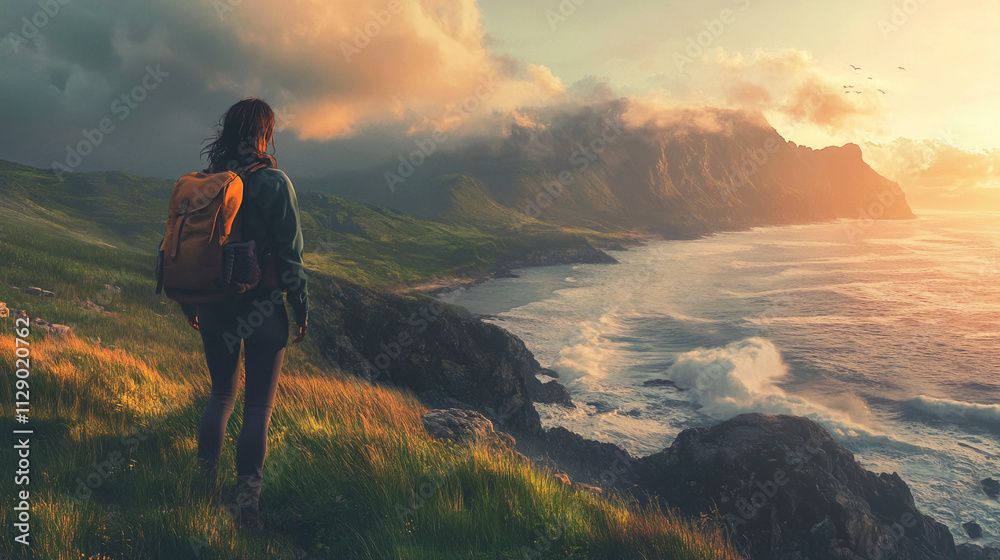 Fototapeta premium Solo Hiker with Backpack on Cliffs at Dusk