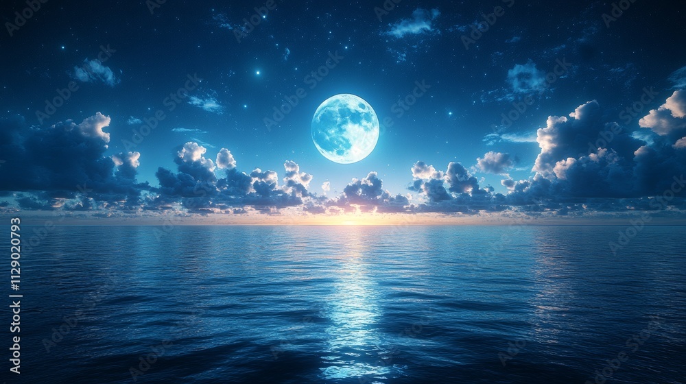 calm blue sea with night Sky with blue moon in clouds