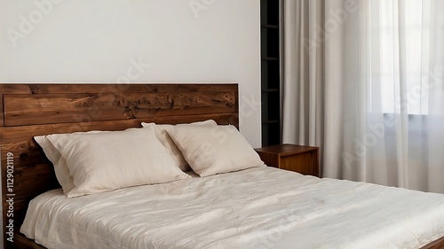 A table next to a wooden bed and a lamp on it with a white wall background.