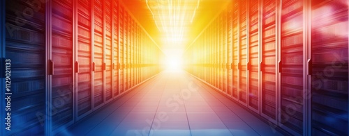 A futuristic data center corridor illuminated by vibrant light  symbolizing technology and digital innovation.