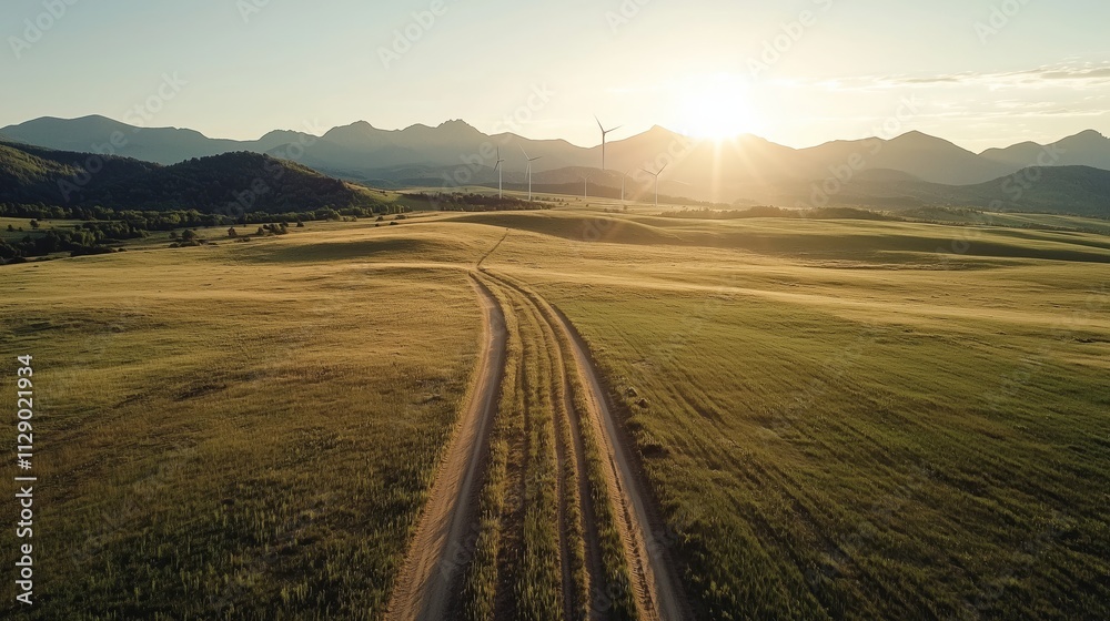 Serene Rural Landscape with Dusty Road and Sunlit Mountains