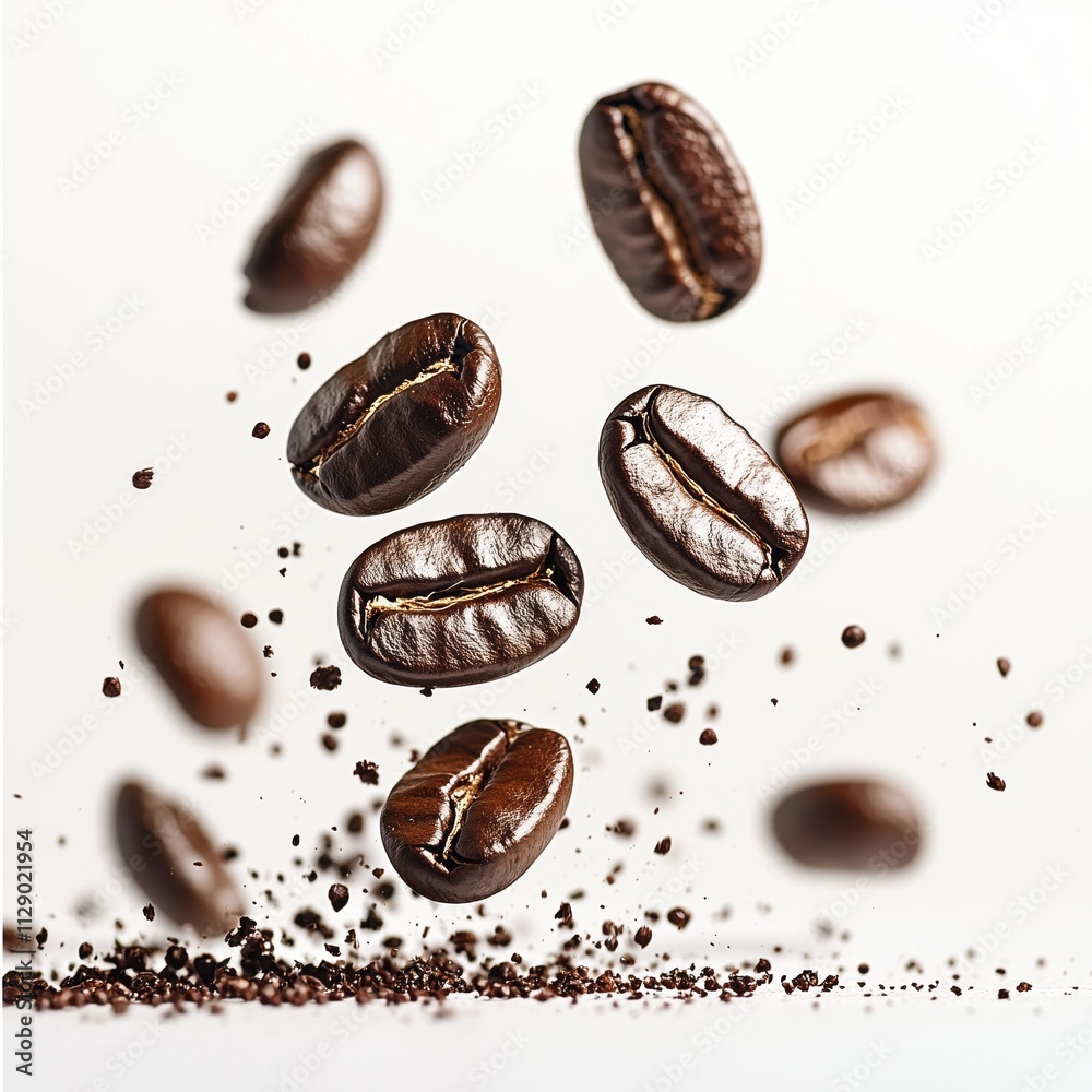 Falling Coffee Beans with Ground Coffee on White Background Falling Coffee Beans with Ground Coffee on White Background
