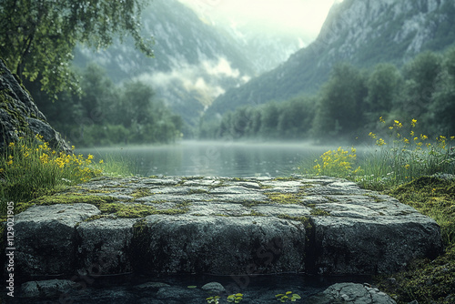 Tranquil Mountain Lake with Misty Morning Atmosphere and Blooming Wildflowers photo