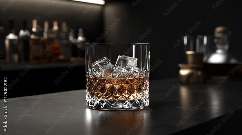 A glass of whiskey with ice cubes on the bar counter. A glass of whiskey with ice cubes on the bar counter.