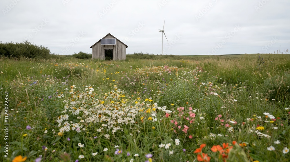 Rustic Wooden Cabin Surrounded by Wildflowers and Wind Turbine Rustic Wooden Cabin Surrounded by Wildflowers and Wind Turbine