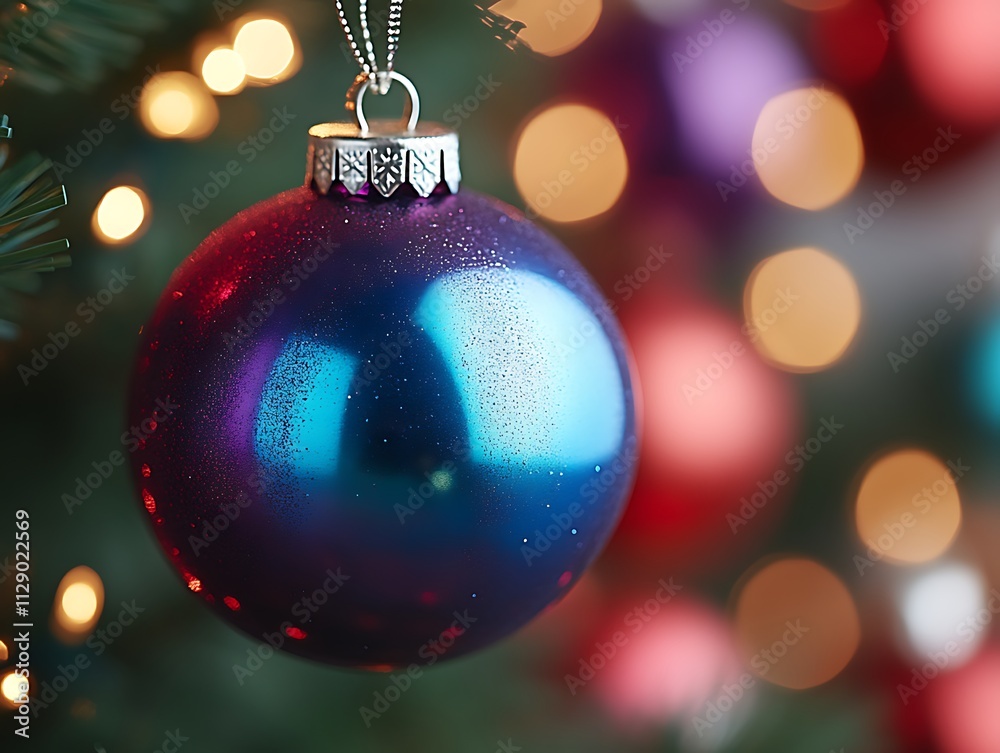 Fototapeta premium A shimmering blue Christmas ornament hangs on a tree