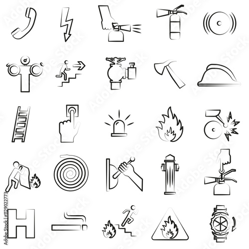 Fire safety icons. Fire safety sign. Fire warnings and actions.