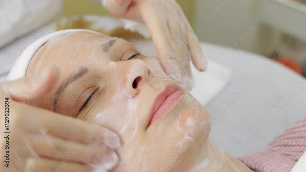 Aesthetician gently massaging client's face with cream, promoting relaxation and skincare in spa setting. Beauty Clinic Concept Aesthetician gently massaging client's face with cream, promoting relaxation and skincare in spa setting. Beauty Clinic Concept