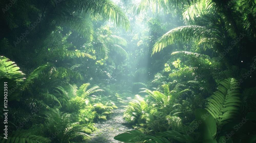 Lush Tropical Rainforest Path: Sunlight Dappled Jungle Trail Lush Tropical Rainforest Path: Sunlight Dappled Jungle Trail
