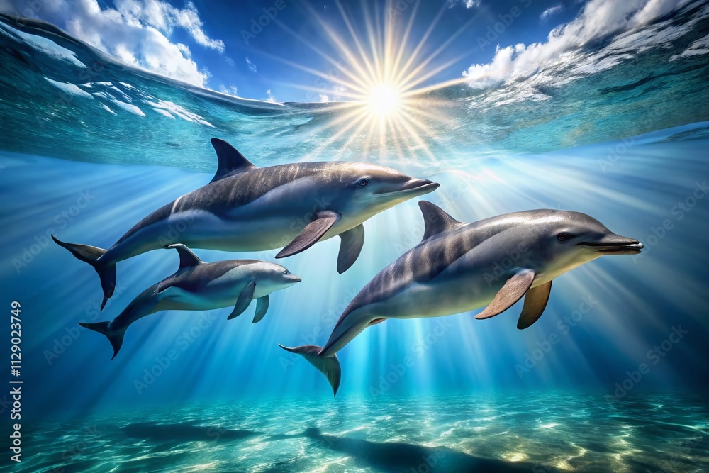 Obraz premium Graceful Dance of Three Dolphins Swimming in Harmony Under a Clear Blue Ocean, Capturing the Essence of Marine Life and Natural Beauty in High Depth of Field