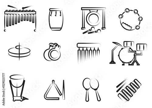 Thin line set of percussion musical instruments. Percussion instruments with a name.