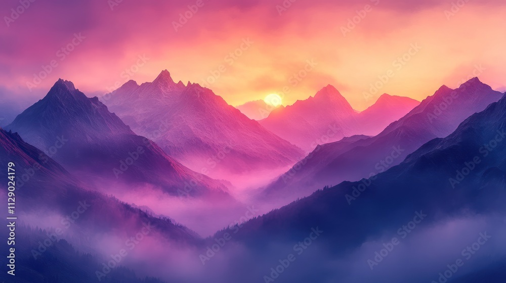 Fototapeta premium Majestic Sunset over Misty Mountains: A Serene Landscape
