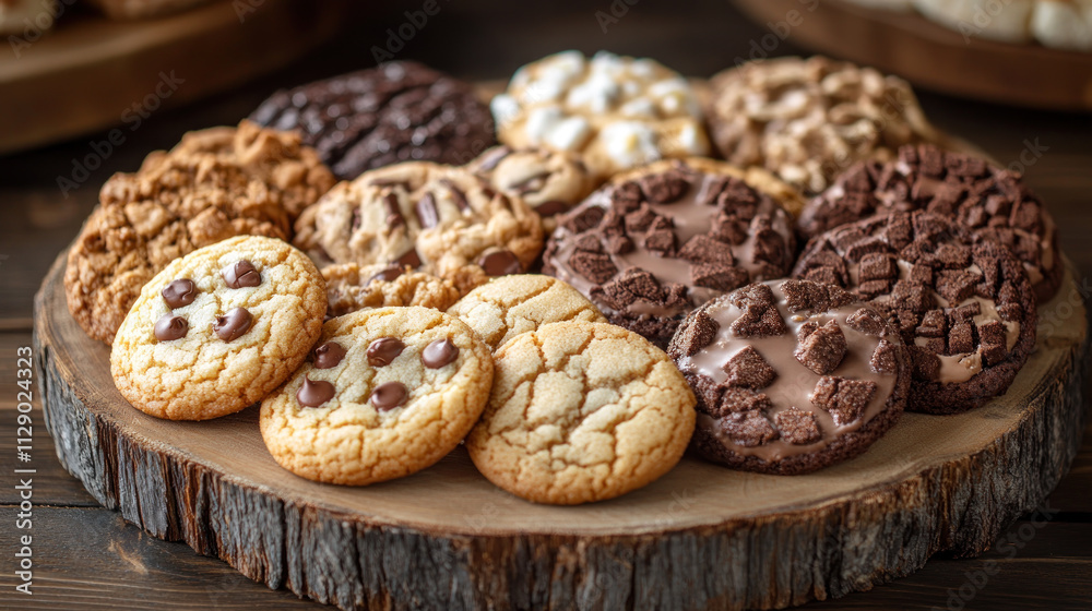 Close-up of cookies with chip on a yellow wooden plate Close-up of cookies with chip on a yellow wooden plate