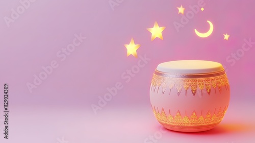 Pink ornate pot with glowing stars and crescent moon on pink background. photo