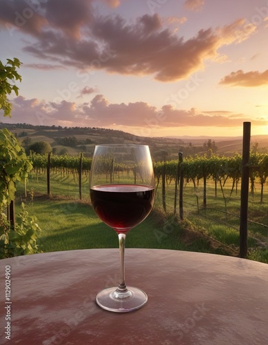 Sunset over a vineyard with a single glass of red wine on the terrace railing, wine, glass