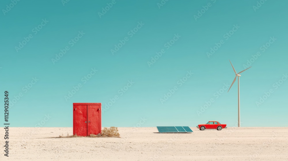Naklejka premium Desert Landscape with Red Shed, Solar Panels, and Wind Turbine