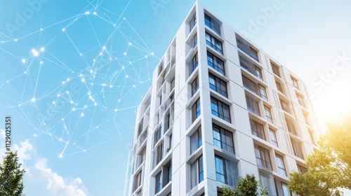 Modern smart apartment building with digital network connection.