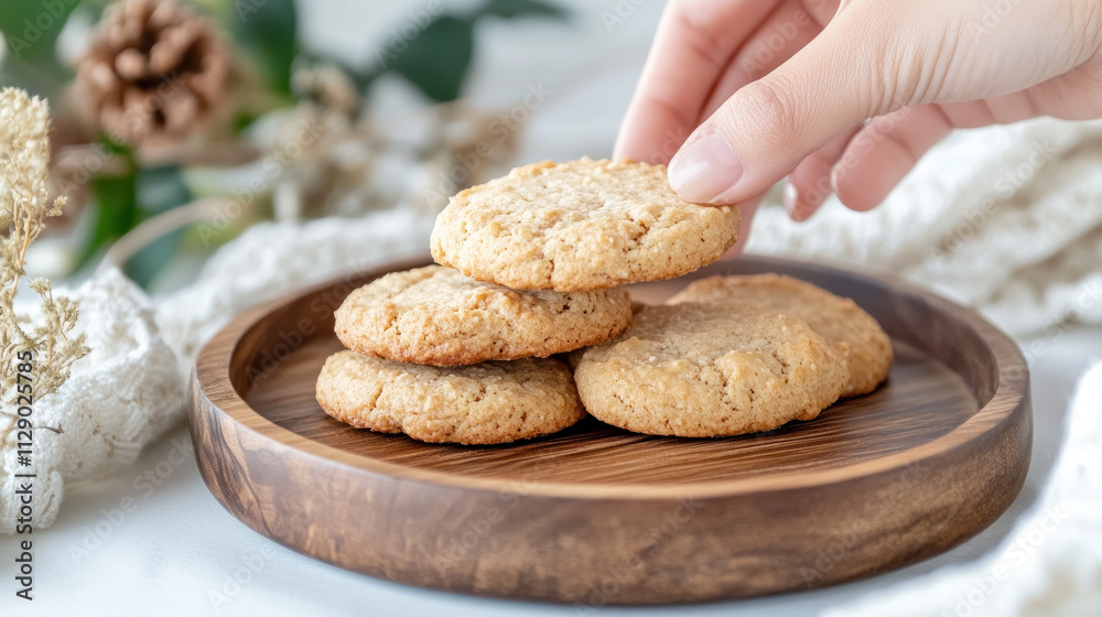 A hand grabbing a cookie from a wooden plate, food festive event A hand grabbing a cookie from a wooden plate, food festive event