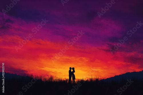 Romantic silhouette couple kissing against vibrant sunset sky