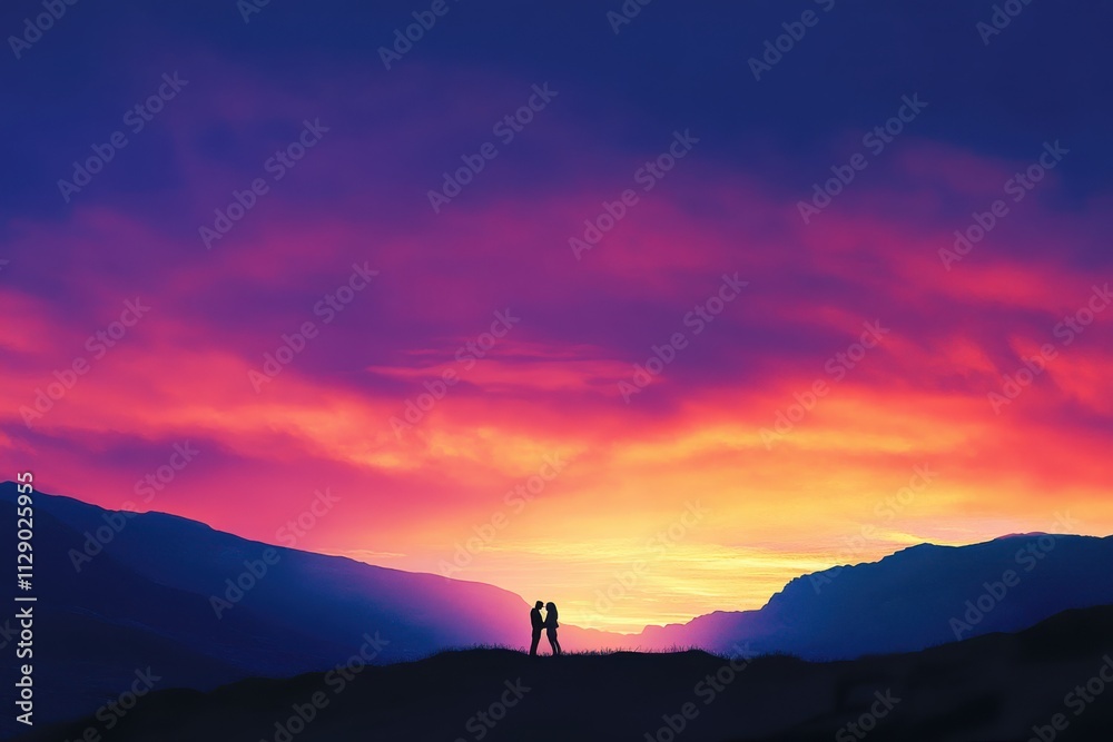 Romantic silhouette couple kissing against vibrant sunset sky Romantic silhouette couple kissing against vibrant sunset sky