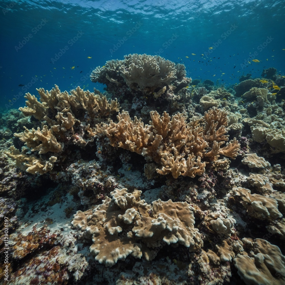 A rough, weathered coral surface, with a blurred underwater reef in the background. A rough, weathered coral surface, with a blurred underwater reef in the background.