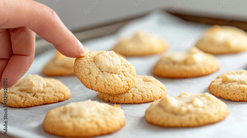 A hand grabbing a cookie from a baking tray, food festive event A hand grabbing a cookie from a baking tray, food festive event