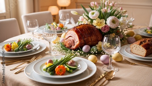 Easter dinner table with festive mood, set with spring vegetables and glazed ham, against a warm indoor background with pastel flowers