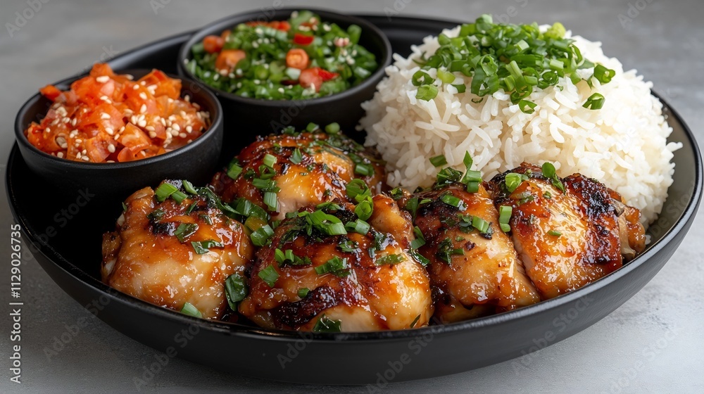 Exquisite Khao Man Gai A Minimalist Studio Showcase of Tender Chicken Aromatic Rice and Vibrant Ingredients