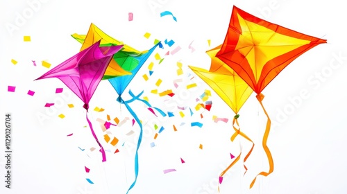 Colorful kites dancing in the sky against a bright white background, surrounded by vibrant confetti, evoking joy and celebration during a sunny outdoor event