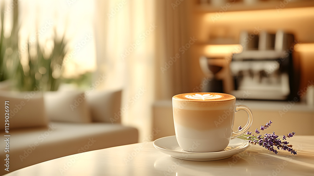 A minimalistic photography featuring a flat white with delicate fern latte art, served on a clean white saucer with a sprig of lavender and a contemporary café interior in the background. A minimalistic photography featuring a flat white with delicate fern latte art, served on a clean white saucer with a sprig of lavender and a contemporary café interior in the background.