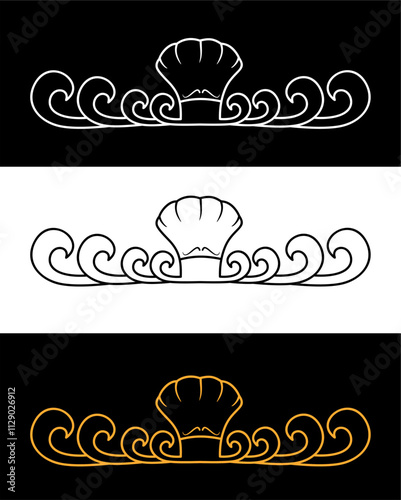 Ornate Shell or chef cap Motif with Waves or tentacles in Three Color Variations