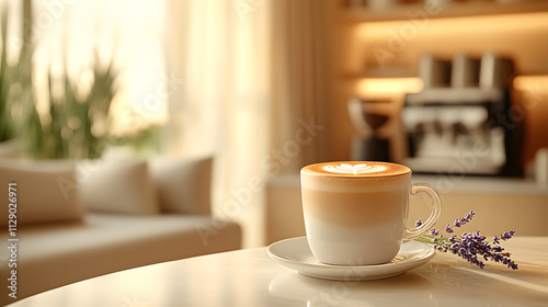 A minimalistic photography featuring a flat white with delicate fern latte art, served on a clean white saucer with a sprig of lavender and a contemporary café interior in the background.