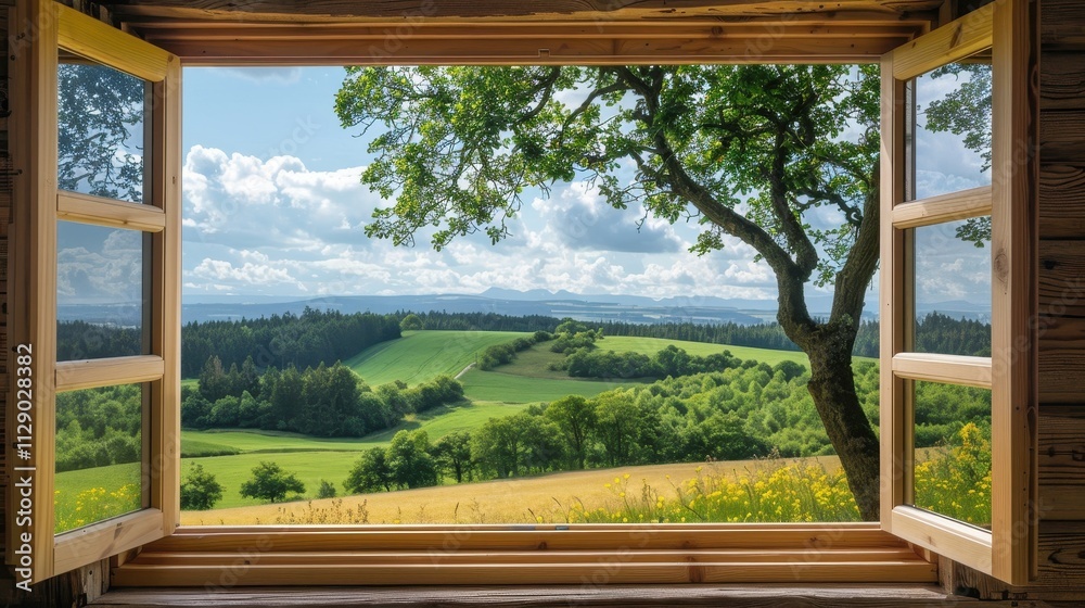 Picturesque Landscape Framed Through Wooden Window Picturesque Landscape Framed Through Wooden Window