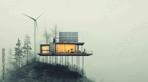 Modern Eco-Friendly Home with Wind Turbine in Misty Landscape