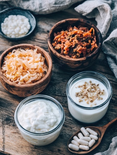 A selection of probiotic foods like sauerkraut