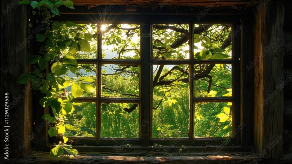 Serene Nature's Frame: A Rustic Window Overlooking a Lush Green Landscape Serene Nature's Frame: A Rustic Window Overlooking a Lush Green Landscape