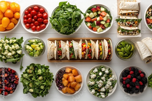 Delightful picnic spread with fresh wraps and salads outdoor setting food presentation bright and colorful aerial view healthy eating concept