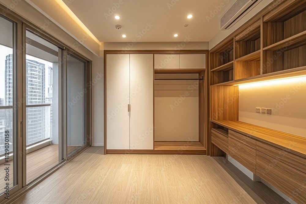 Modern empty bedroom with built-in wardrobe, shelves, and balcony view. Modern empty bedroom with built-in wardrobe, shelves, and balcony view.