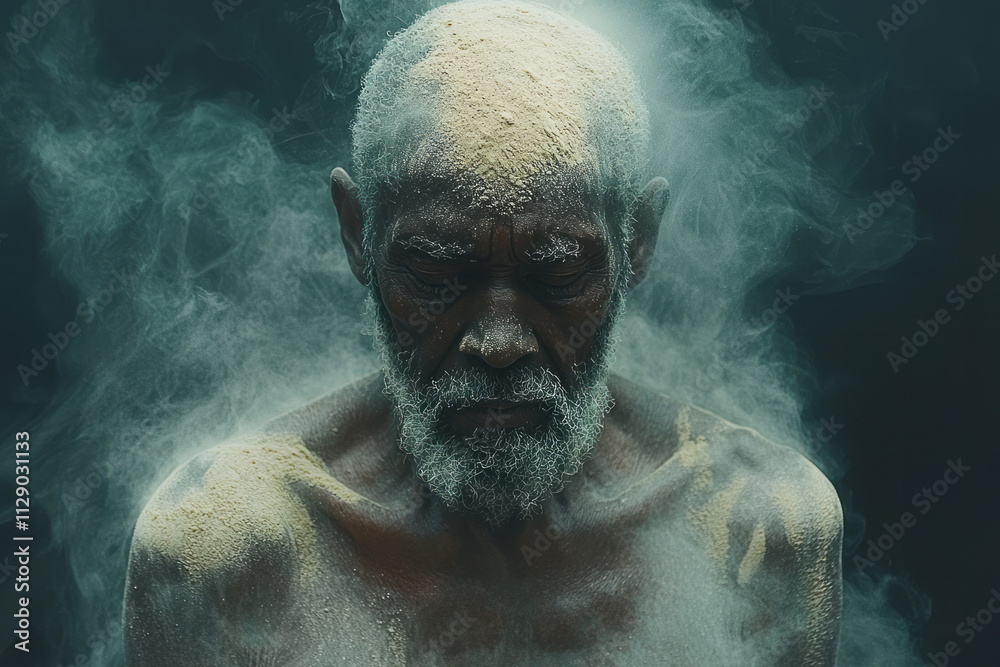 An elderly man standing still, with sand slowly falling from his body, symbolizing the passage of time and aging,