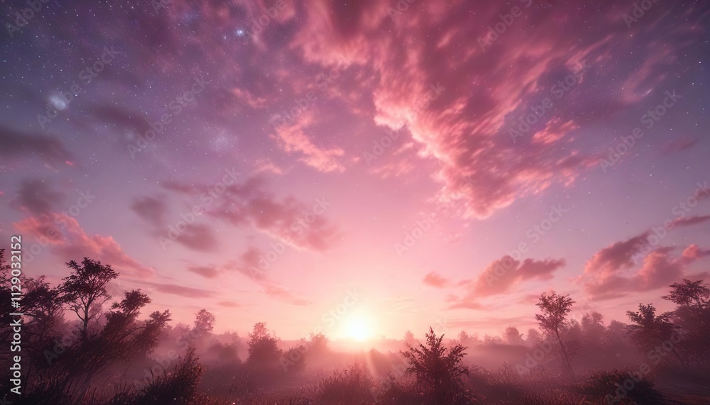 Gentle pink mist in the sky with twinkling stars and sun shining brightly, gentle haze, cloudy horizon Gentle pink mist in the sky with twinkling stars and sun shining brightly, gentle haze, cloudy horizon