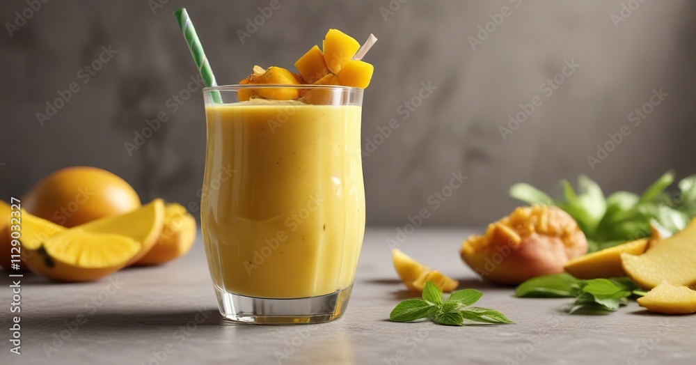 Fototapeta premium Thick mango smoothie, chunks of mango visible , blended, beverage, vibrant