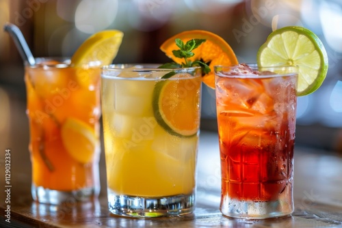 Refreshing Summer Drinks on a Bar Counter with Citrus Fruits and Ice Cubes for a Vibrant and Cool Beverage Experience at a Sunny Day Gathering