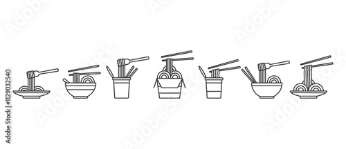 Noodles dish icon. Vector illustration of noodle dish, collection of instant noodle. Instant noodle packaging in line icon style. Simple vector bowl of noodles line icon in transparent background.