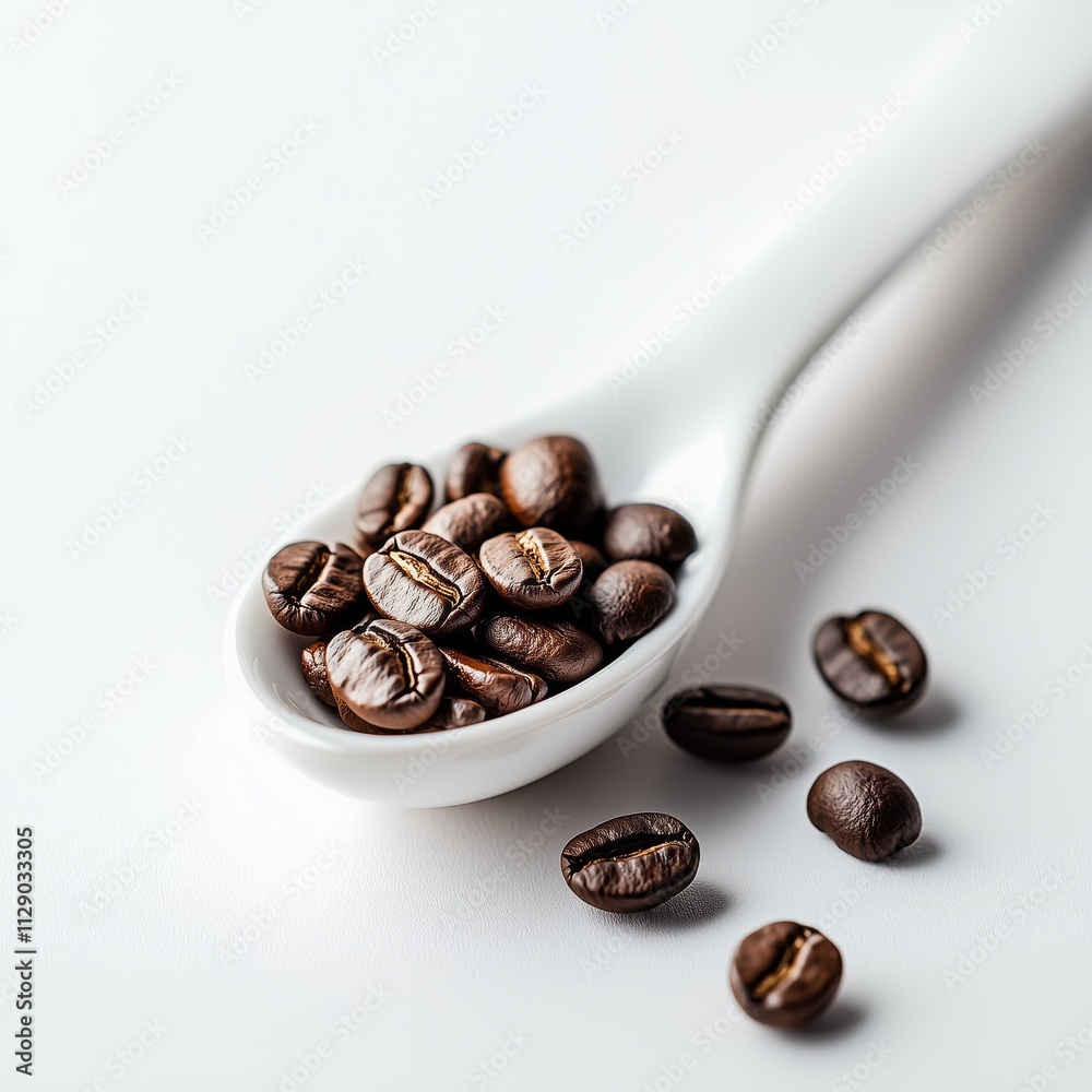 Close-Up of Fresh Coffee Beans in White Spoon on Light Background Close-Up of Fresh Coffee Beans in White Spoon on Light Background