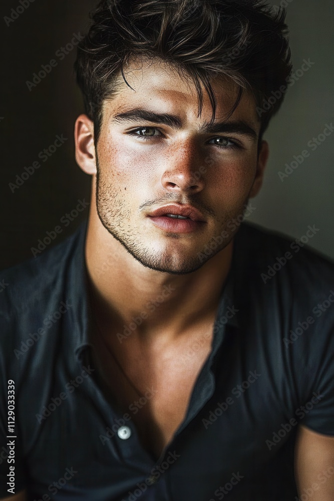 Portrait of a young man with captivating blue eyes and tousled hair wearing a dark shirt against a muted background, highlighting natural features and strong expression Portrait of a young man with captivating blue eyes and tousled hair wearing a dark shirt against a muted background, highlighting natural features and strong expression