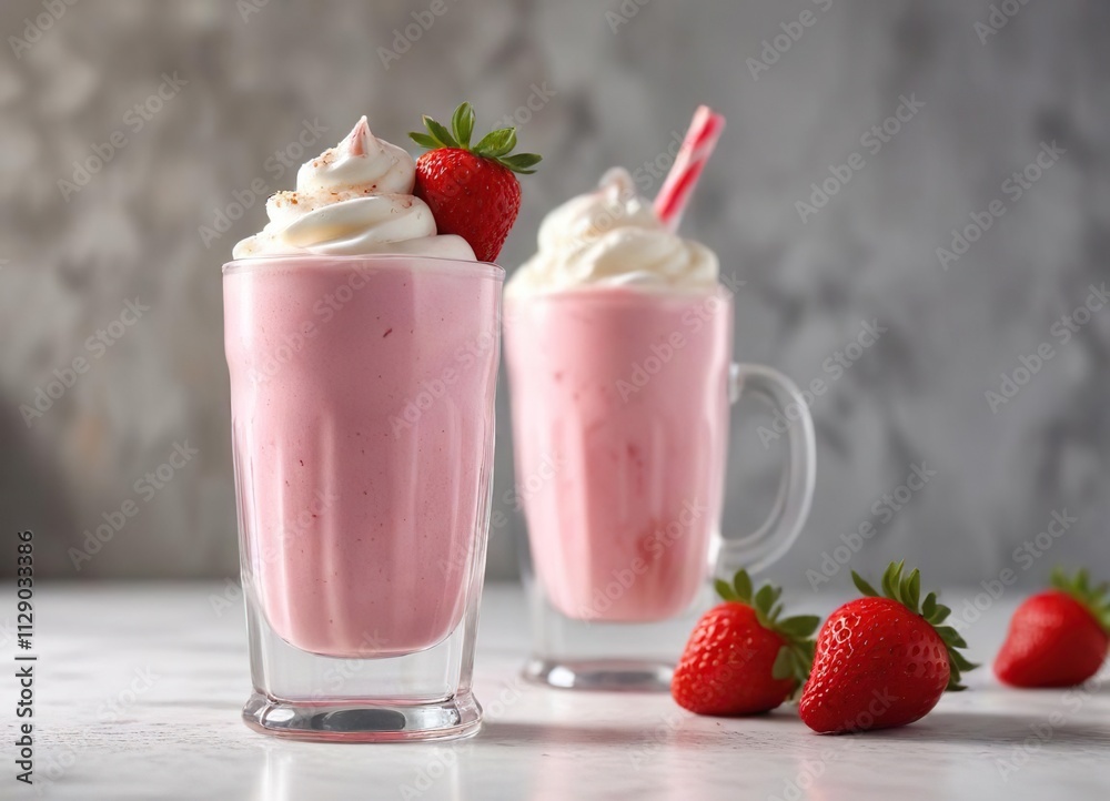 Glass filled with strawberry milkshake and vanilla ice cream being poured into a cup, sweet indulgence, glass, dessert drink Glass filled with strawberry milkshake and vanilla ice cream being poured into a cup, sweet indulgence, glass, dessert drink