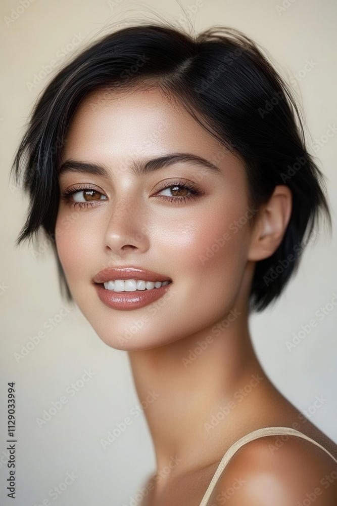 Portrait of a smiling woman with short hair posing against a soft backdrop in bright, natural lighting, showcasing her radiant complexion and genuine warmth Portrait of a smiling woman with short hair posing against a soft backdrop in bright, natural lighting, showcasing her radiant complexion and genuine warmth